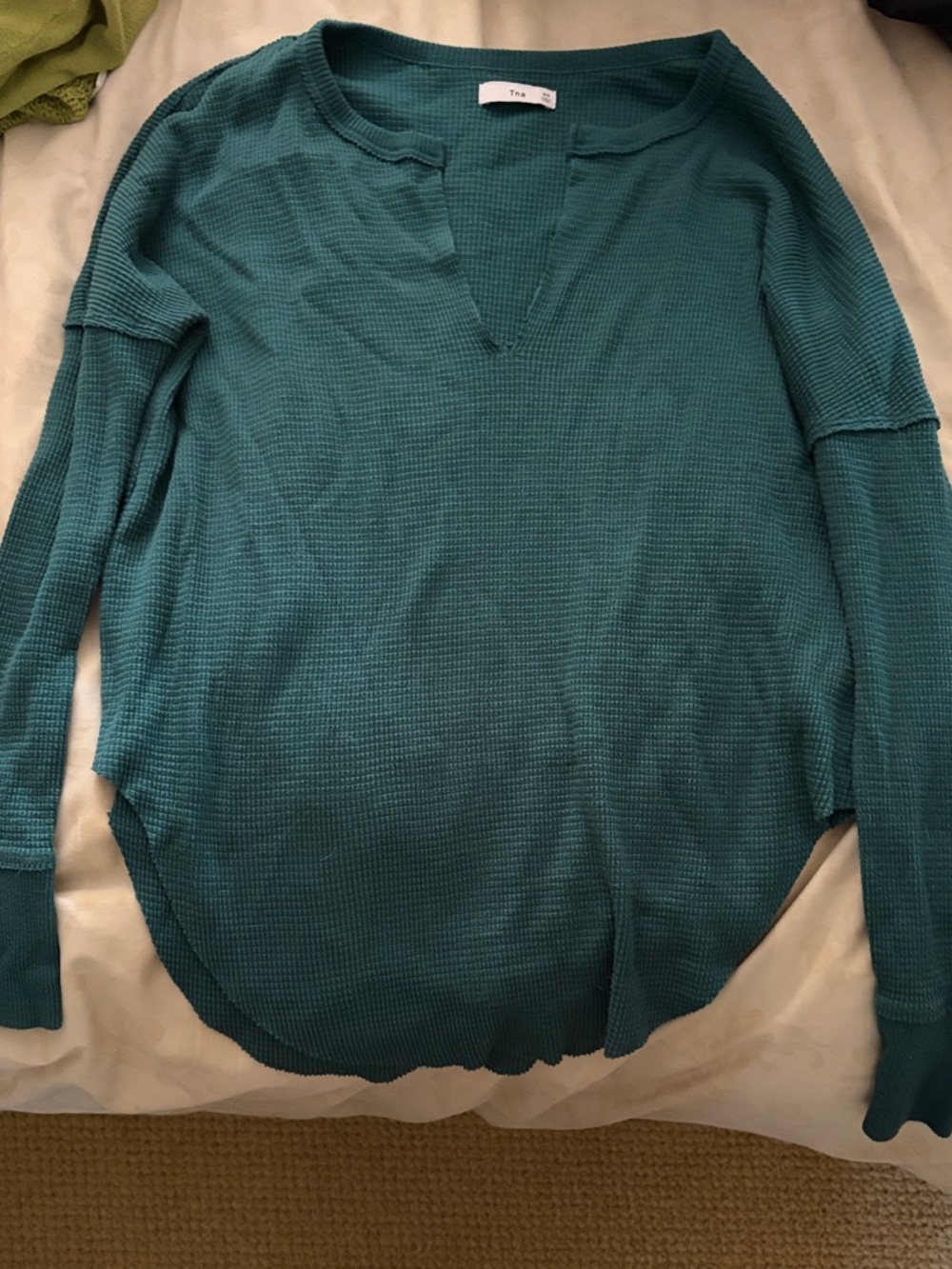Tna Aritzia dark green waffle-knit long-sleeve thermal top